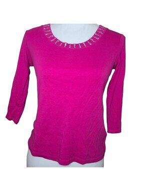 Style & Co Petite S Pink Cotton Rhinestone Scoop Neck Top 3/4 Sleeve Y2K 90s